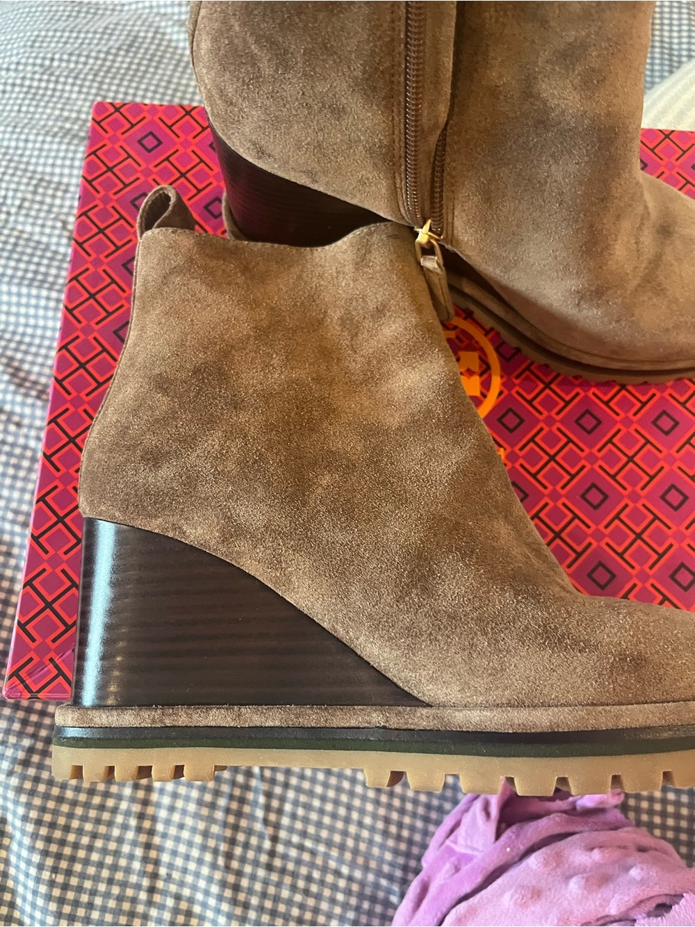 Tory Burch Tan Suede Wedge Ankle Boots with Pink Box Accent